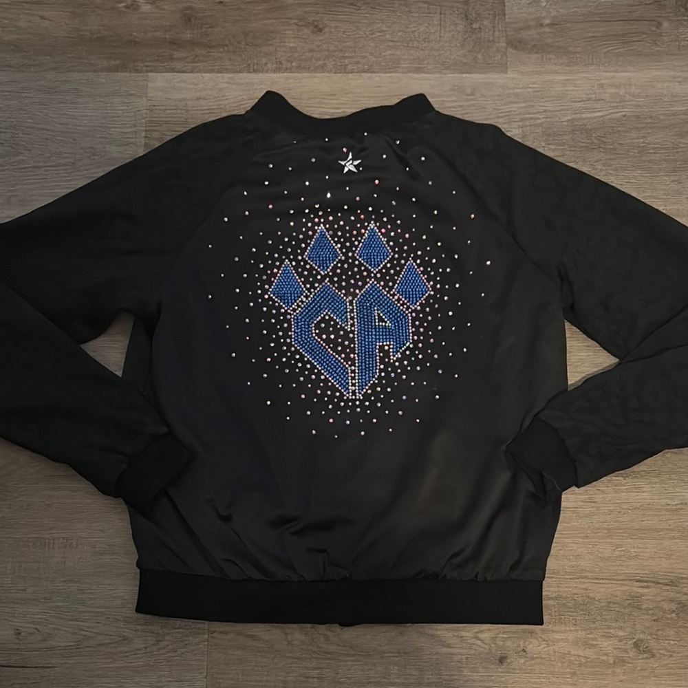 Cheer Athletics Bomber Jacket with Blue and White Rhinestone Design